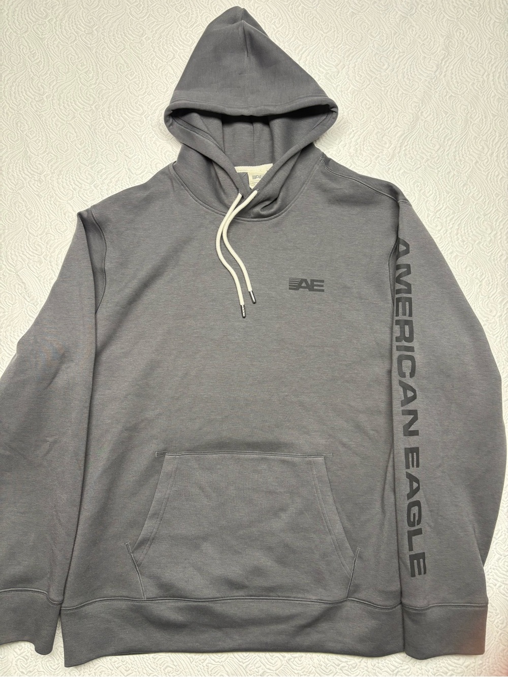 American Eagle Outfitters Gray Hooded Sweatshirt with Sleeve Logo